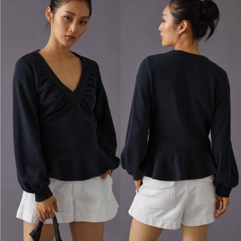 Anthropologie Maeve V Neck Ruched Sweatshirt Preppy Classic Womens Small S